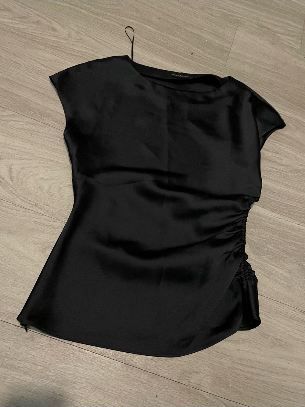 Banana Republic Black Satin Ruched-Side Cap Sleeve Top